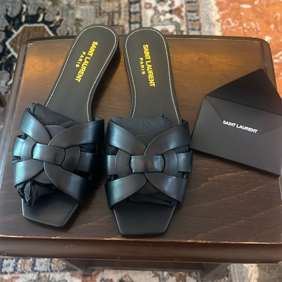 Saint Laurent Shoes - Black Tribute Sandals in Smooth Leather